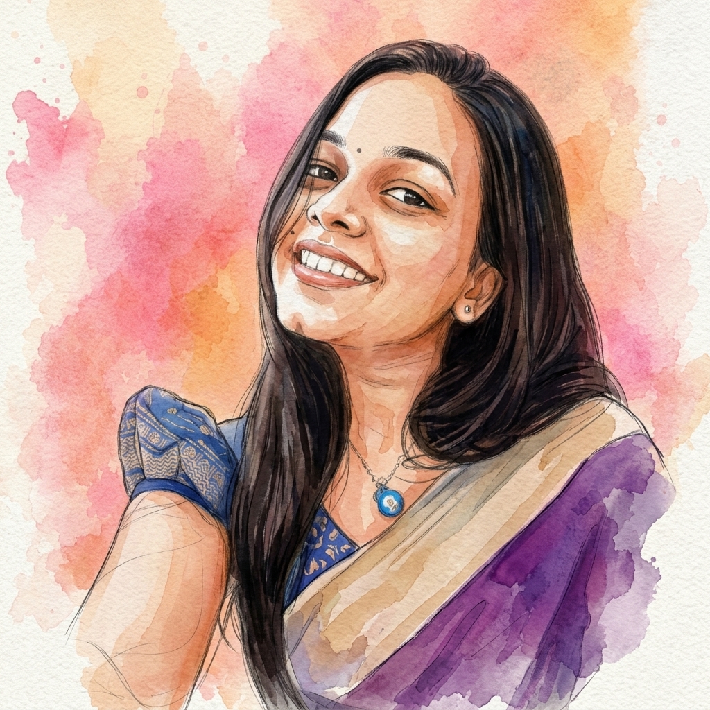 Limna Rose, fashion designer at Mirah Designs, in watercolor portrait.