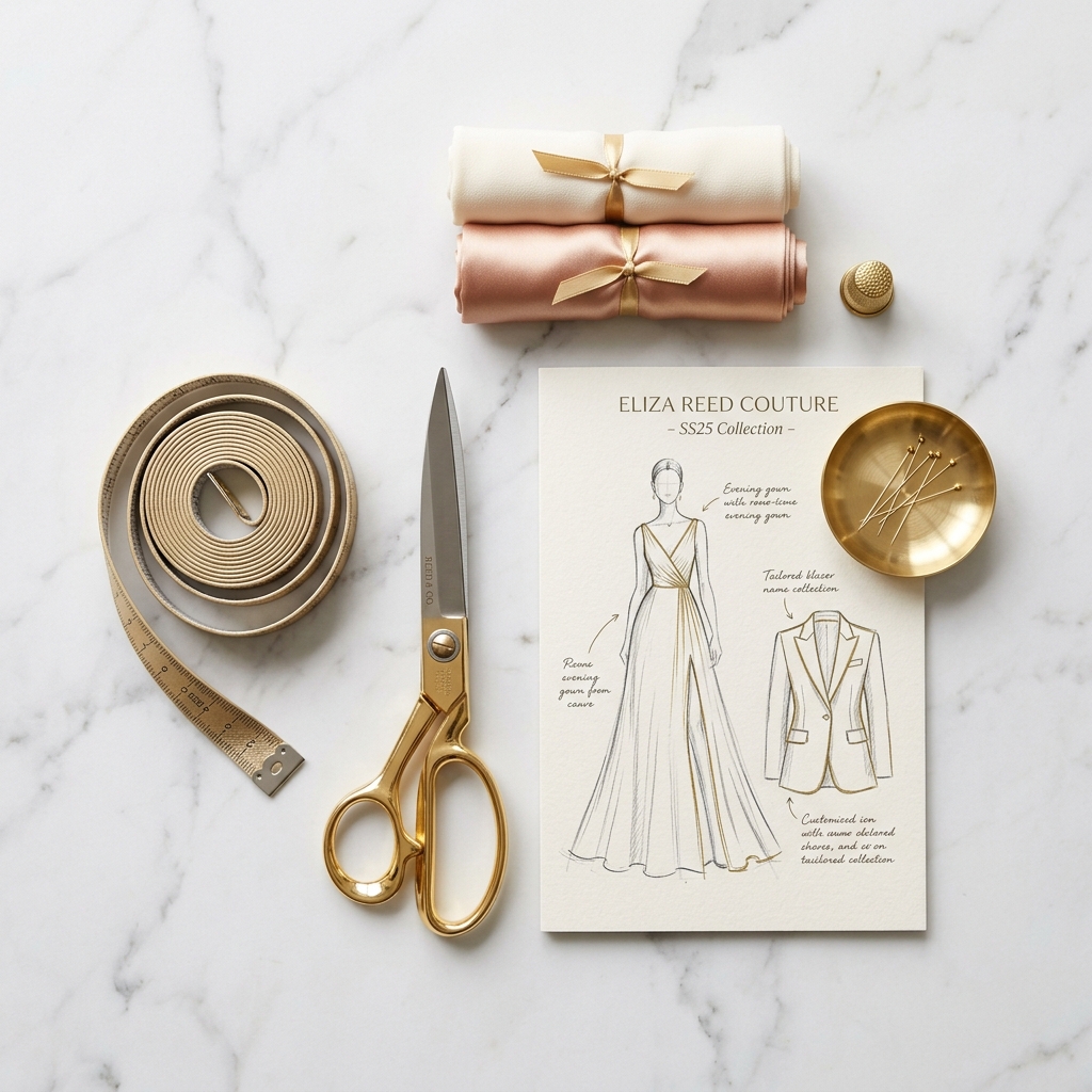 Overhead flatlay of golden shears, measuring tape, and fashion dress sketch.